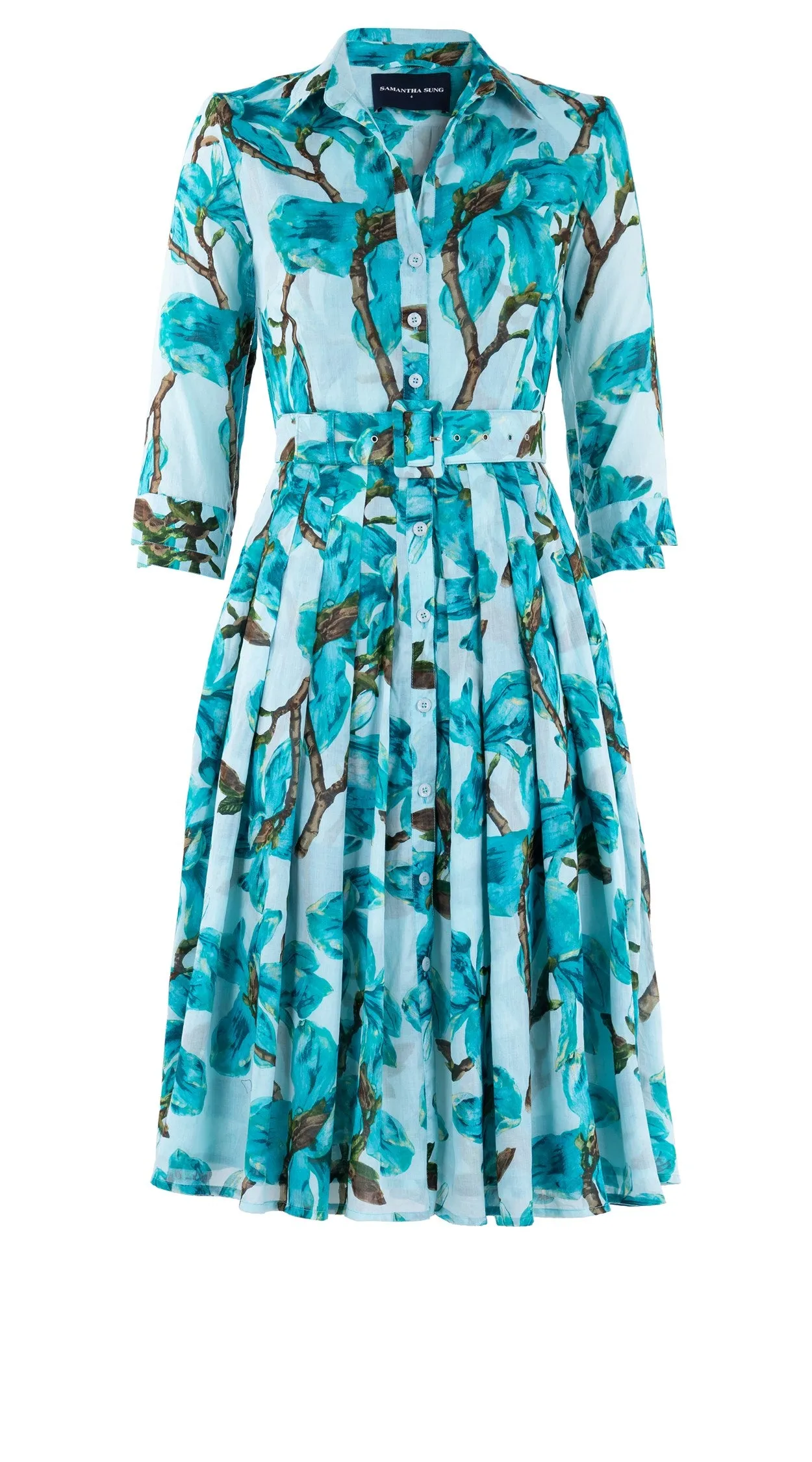 Audrey Dress #4 Shirt Collar 3/4 Sleeve Long Length Cotton Musola (Magnolia Blossom White)