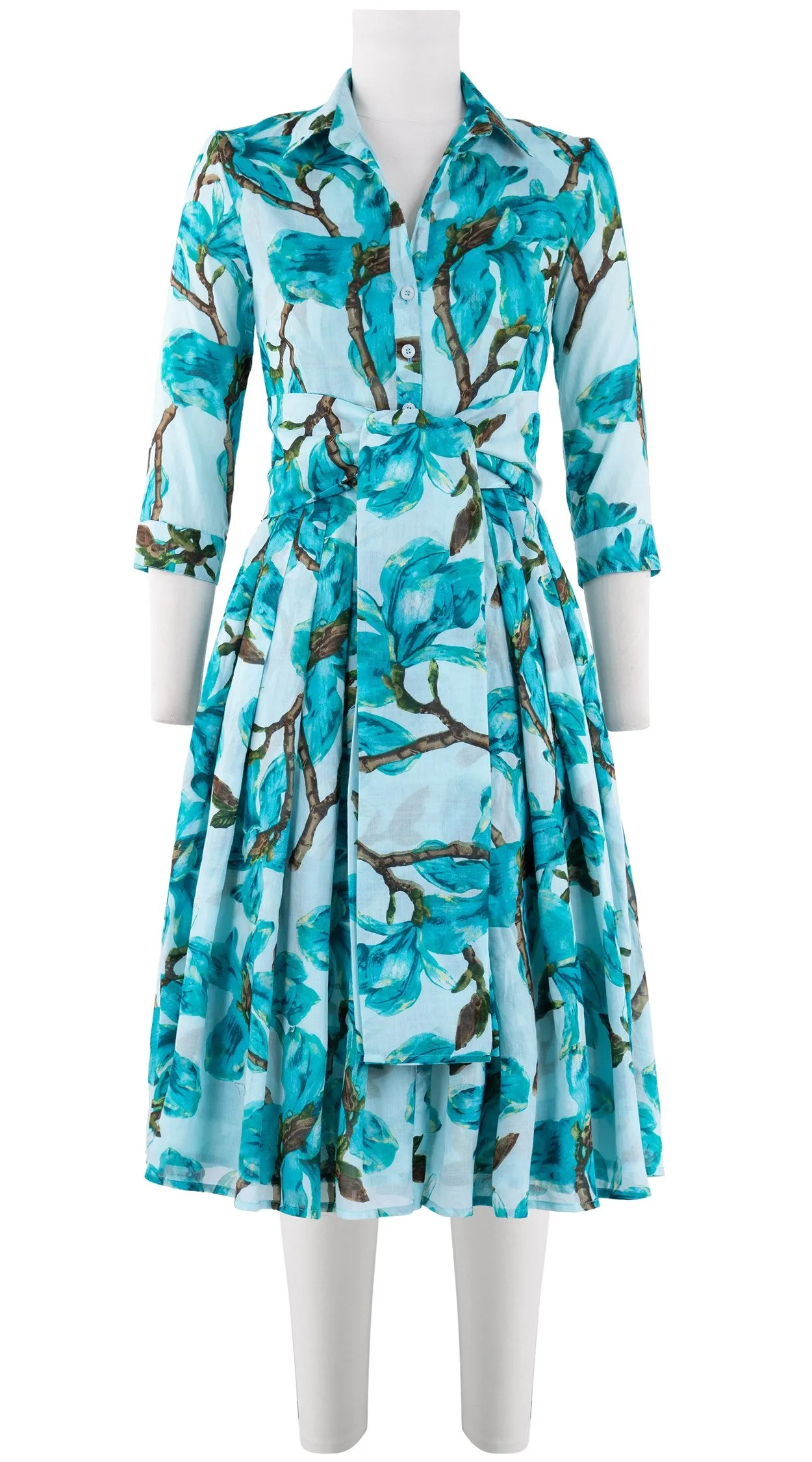 Audrey Dress #4 Shirt Collar 3/4 Sleeve Long Length Cotton Musola (Magnolia Blossom White)