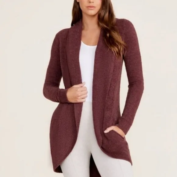 Barefoot dreams cozy chic lite circle open front long cardigan rosewood maroon