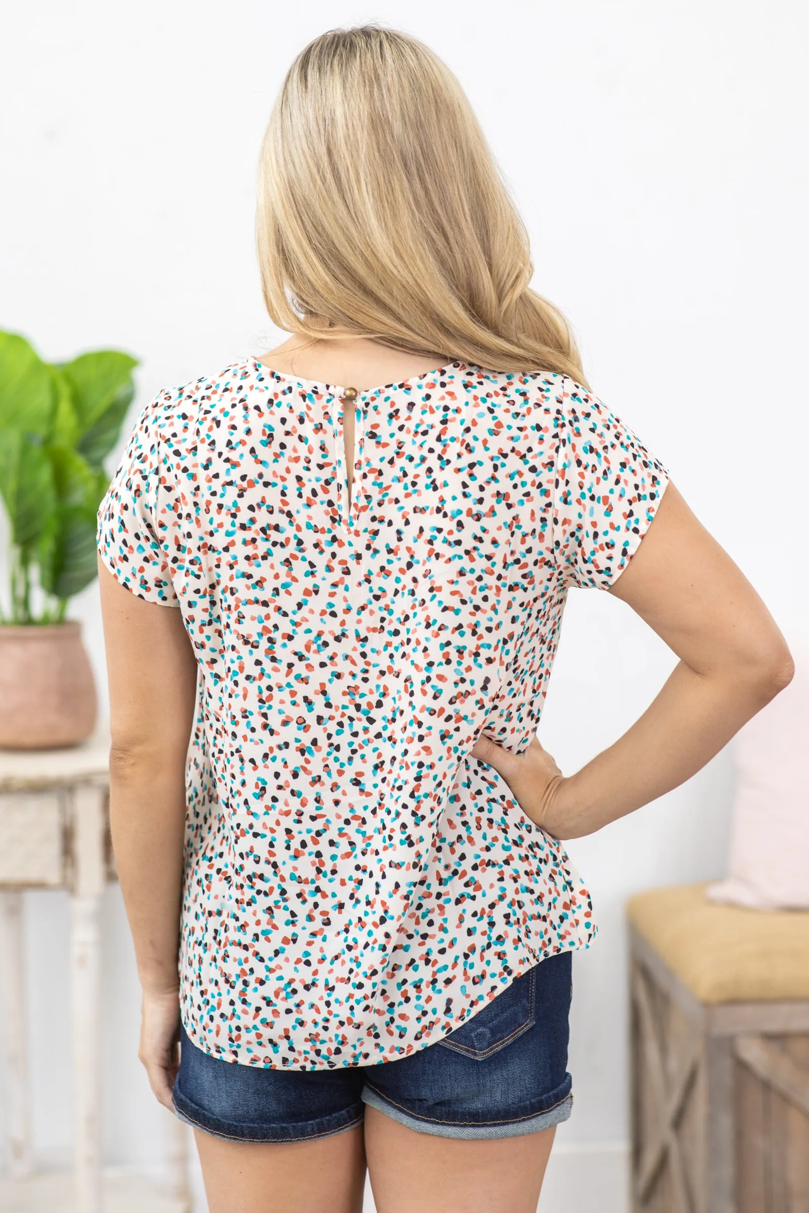 Beige Multicolor Dot Print Woven Top