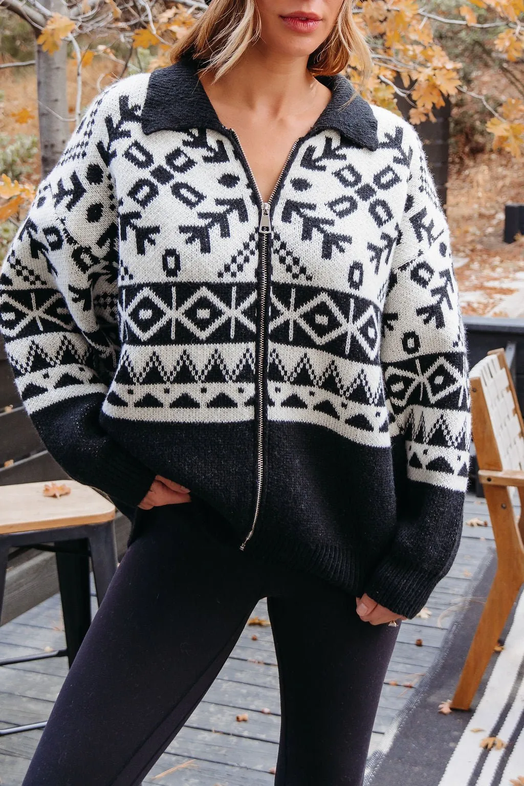 Black Aztec Print Zip Up Sweater Cardigan - FINAL SALE