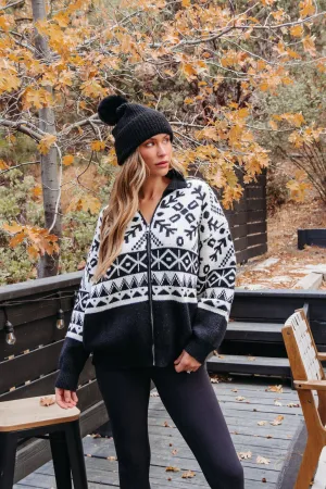 Black Aztec Print Zip Up Sweater Cardigan - FINAL SALE
