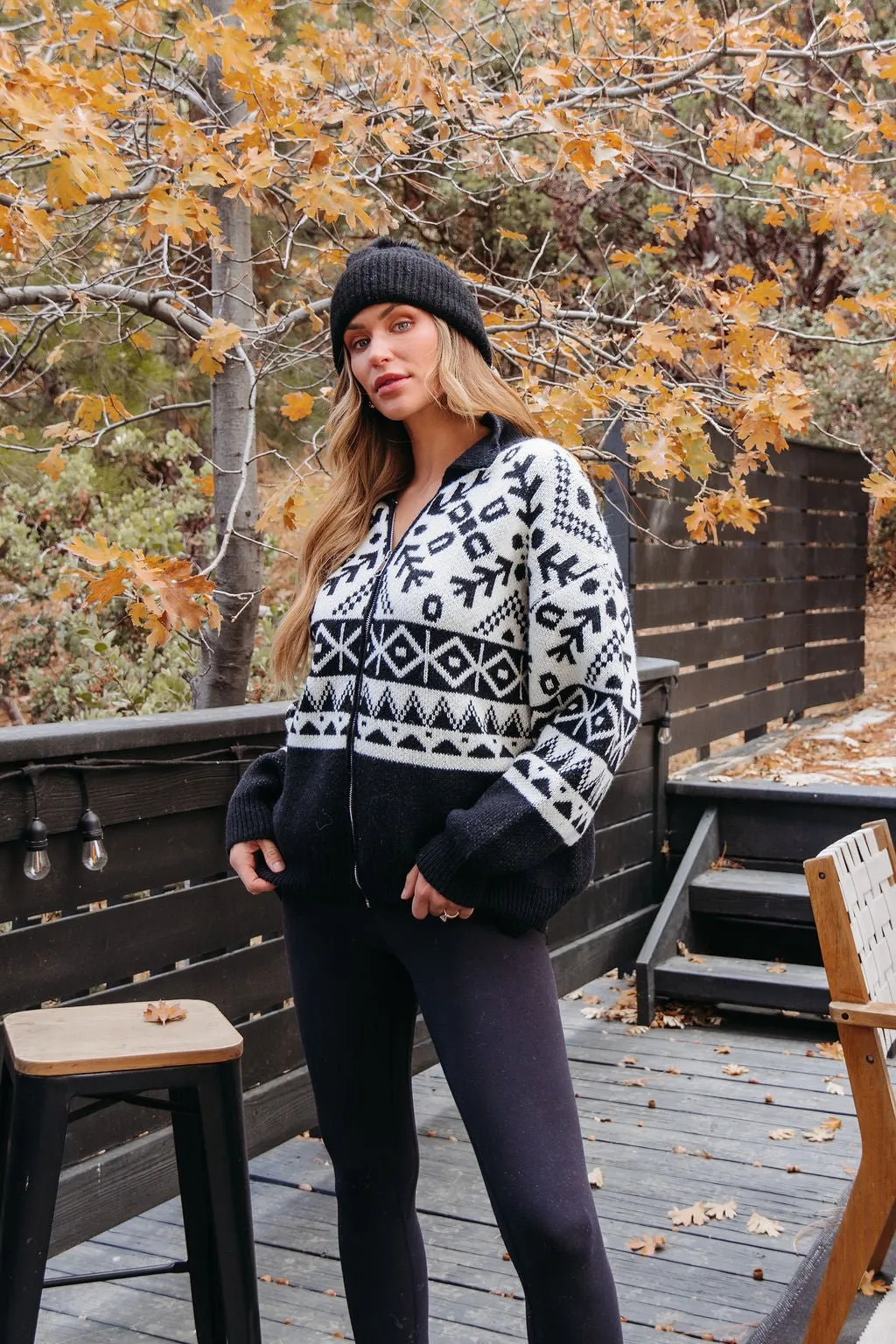 Black Aztec Print Zip Up Sweater Cardigan - FINAL SALE