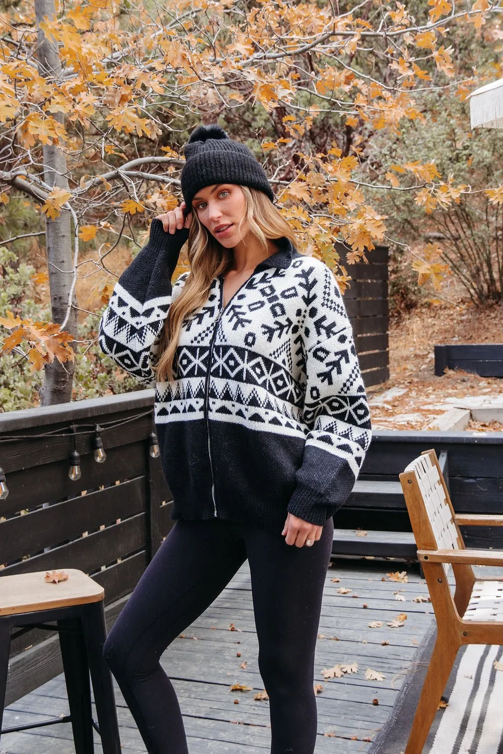 Black Aztec Print Zip Up Sweater Cardigan - FINAL SALE