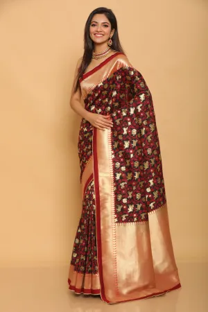 Black Shikargaah Benarasi Silk Saree