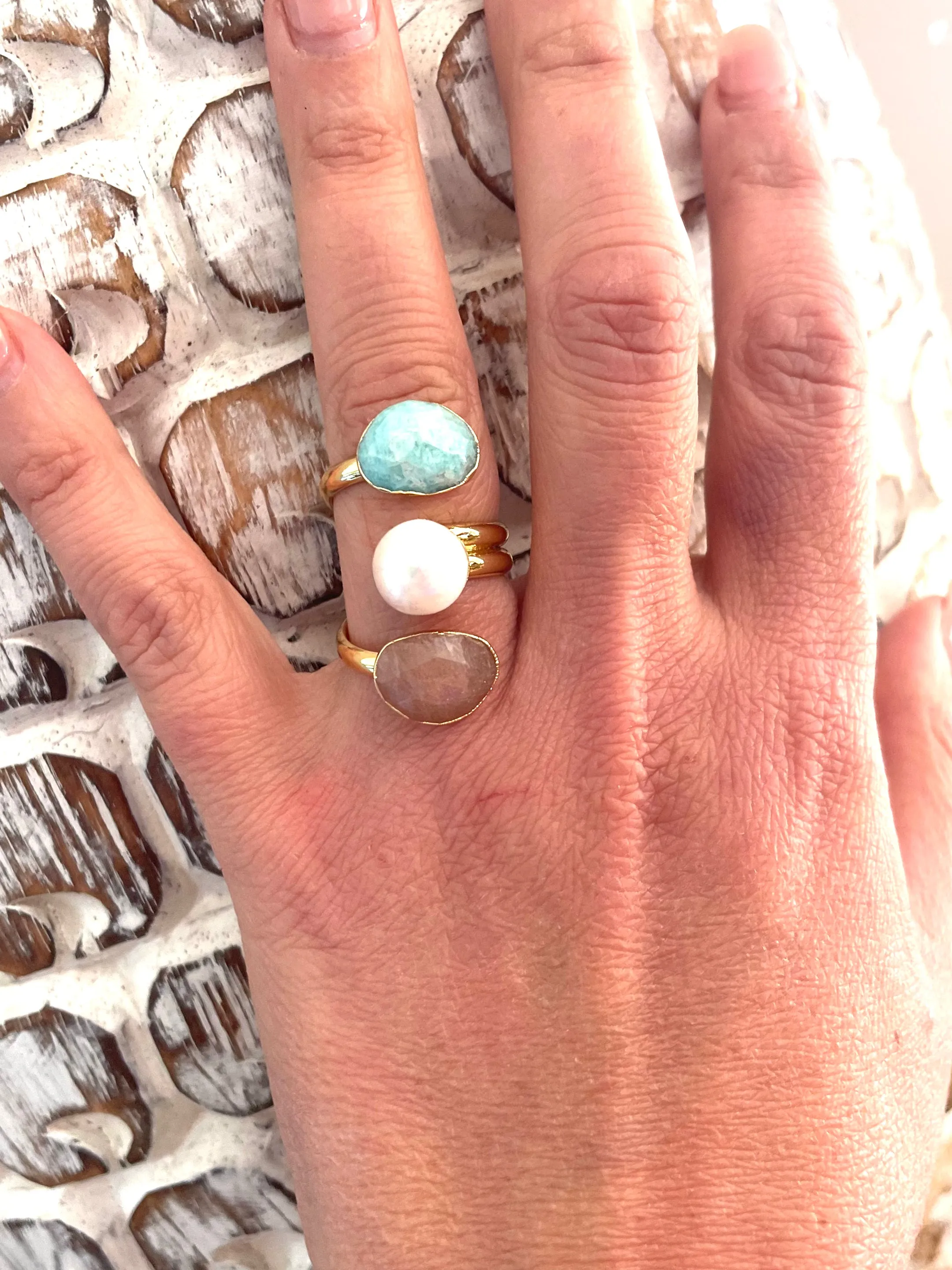 Boho & Mala Natural Amazonite Triple Mix Stone Open Ring R1051