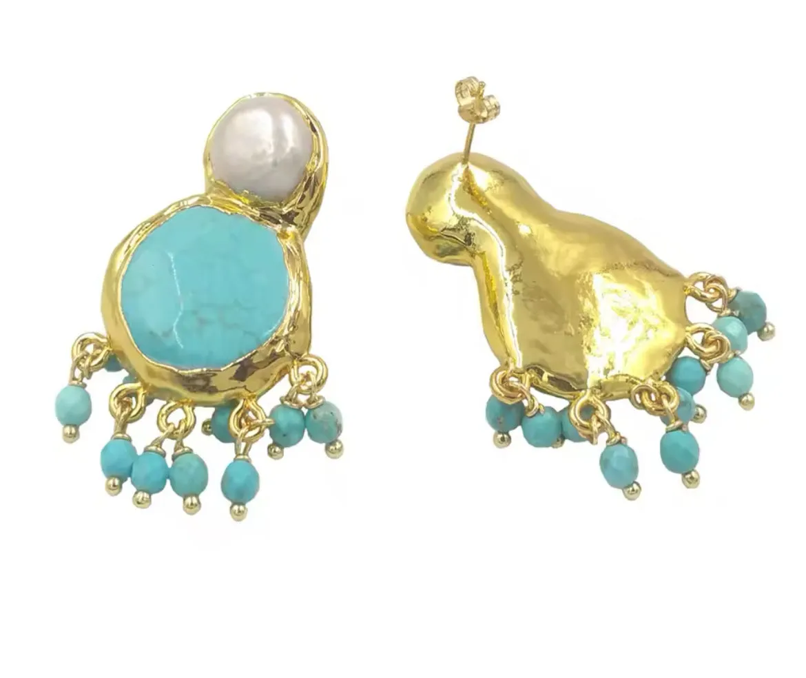 Boho & Mala Natural Stone & Pearl Gold Plated Drop Earrings