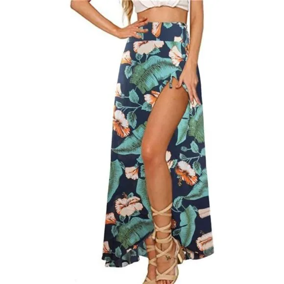 Boho Tropical Floral Print‎ Tie Wrap Maxi Skirt Leg Slit Flowy Skirt Cover Up
