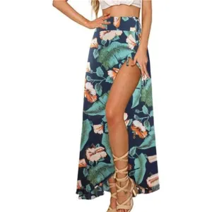 Boho Tropical Floral Print‎ Tie Wrap Maxi Skirt Leg Slit Flowy Skirt Cover Up