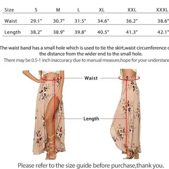 Boho Tropical Floral Print‎ Tie Wrap Maxi Skirt Leg Slit Flowy Skirt Cover Up
