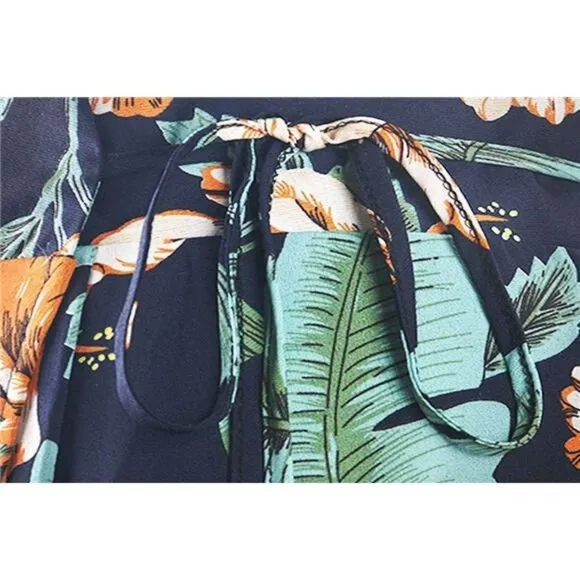 Boho Tropical Floral Print‎ Tie Wrap Maxi Skirt Leg Slit Flowy Skirt Cover Up