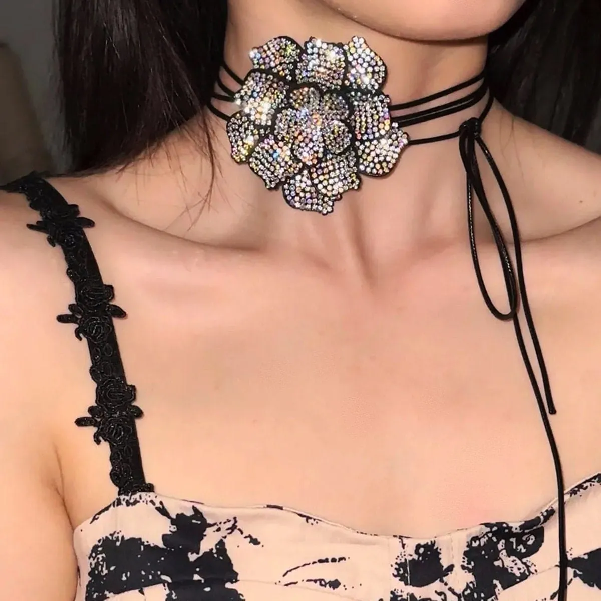 Chic Crystal Flower Wax Cord String Necklace