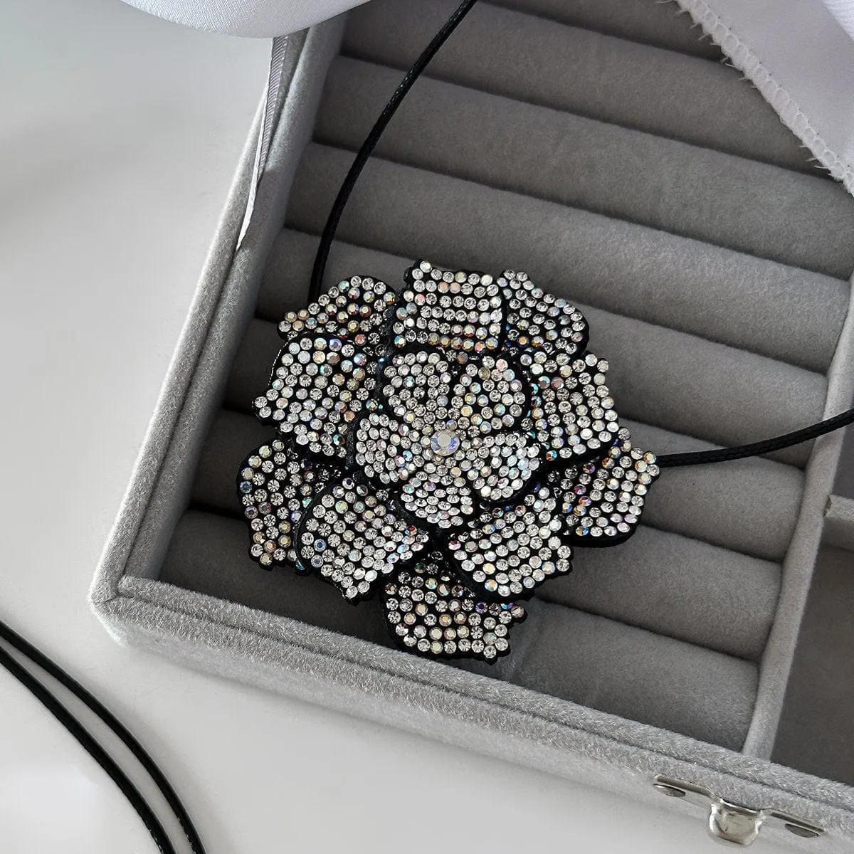 Chic Crystal Flower Wax Cord String Necklace