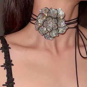 Chic Crystal Flower Wax Cord String Necklace