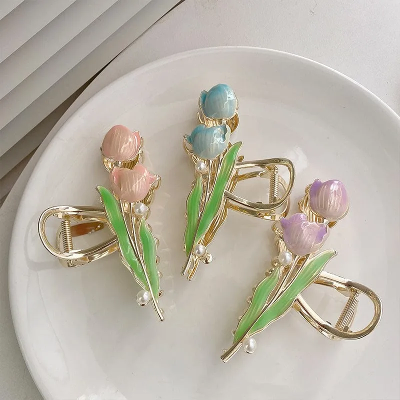 Chic Enamel Duo Tulip Chignon Claw Clip Hair Claw