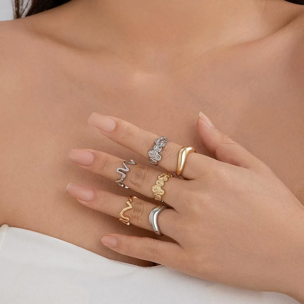 Chic Gold Silver Tone Hammered Ring Set