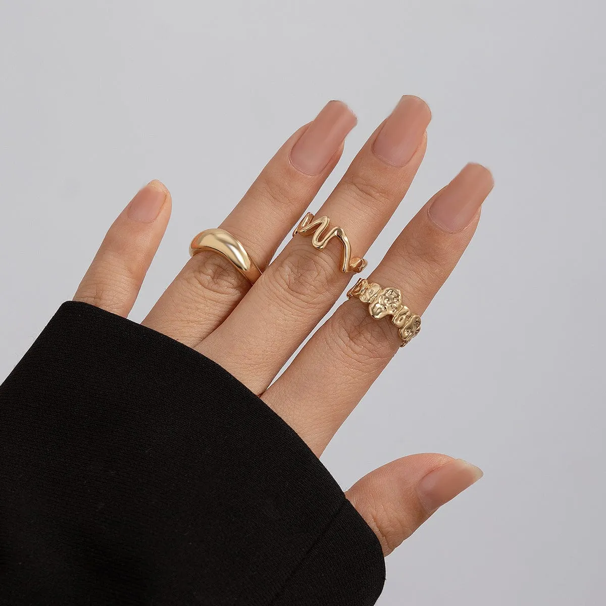 Chic Gold Silver Tone Hammered Ring Set