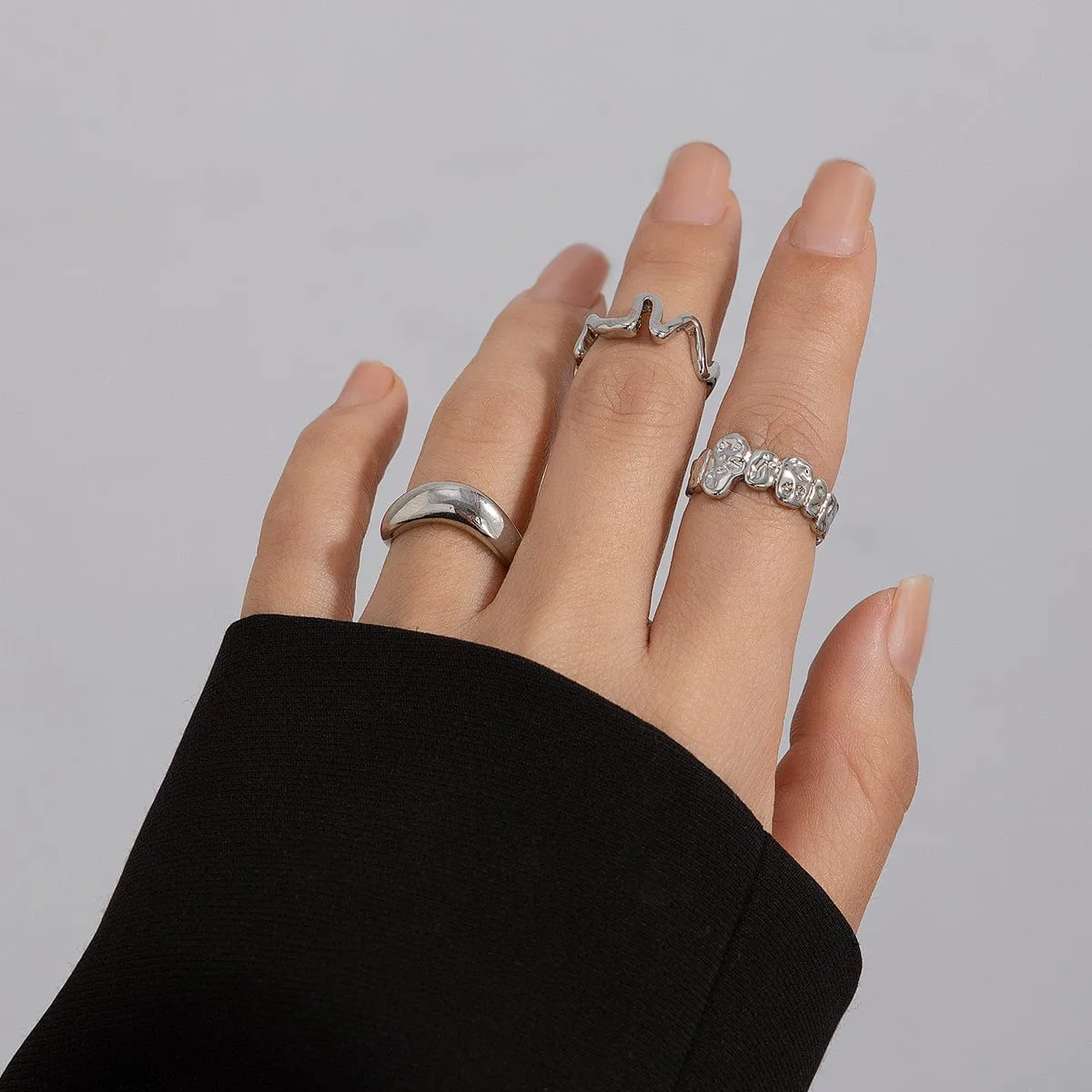 Chic Gold Silver Tone Hammered Ring Set