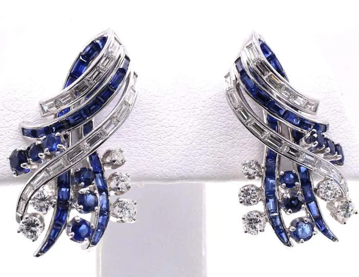 Chic Nieman Marcus Sapphire Diamond Platinum Ear Clips