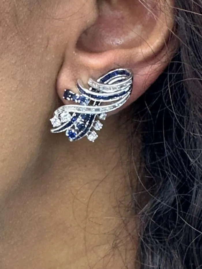 Chic Nieman Marcus Sapphire Diamond Platinum Ear Clips