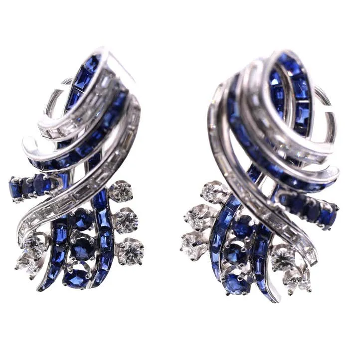 Chic Nieman Marcus Sapphire Diamond Platinum Ear Clips