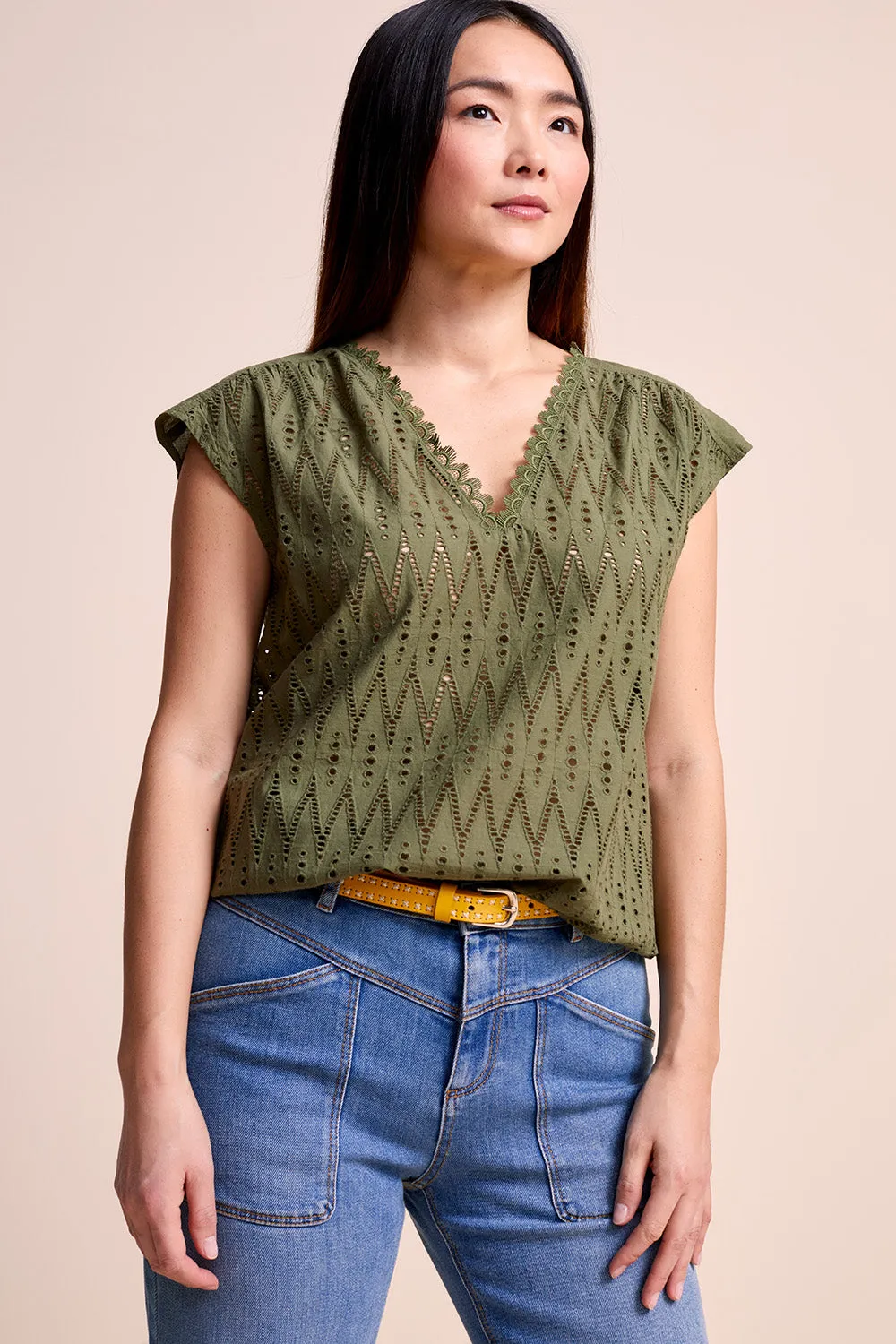 CHOPIN - Top kaki en broderie anglaise