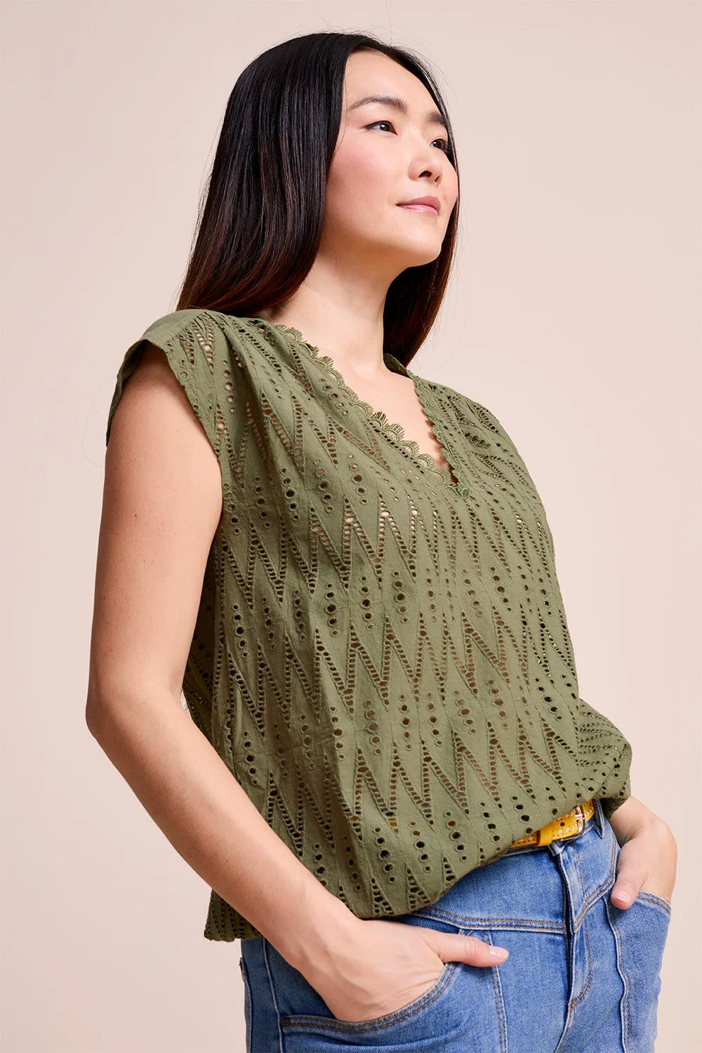 CHOPIN - Top kaki en broderie anglaise