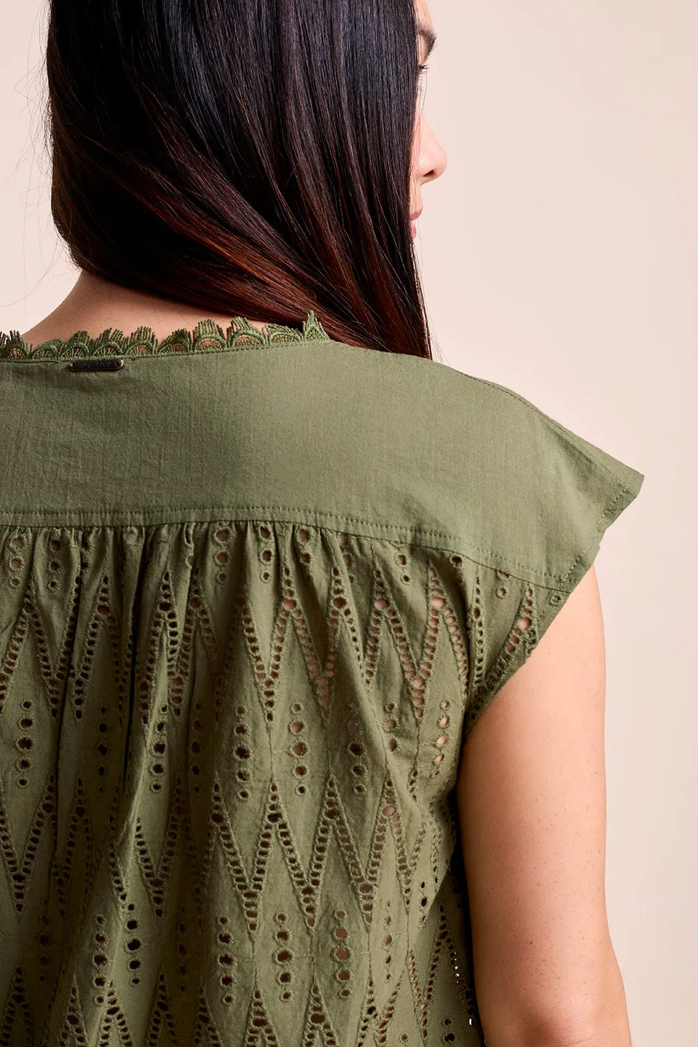 CHOPIN - Top kaki en broderie anglaise