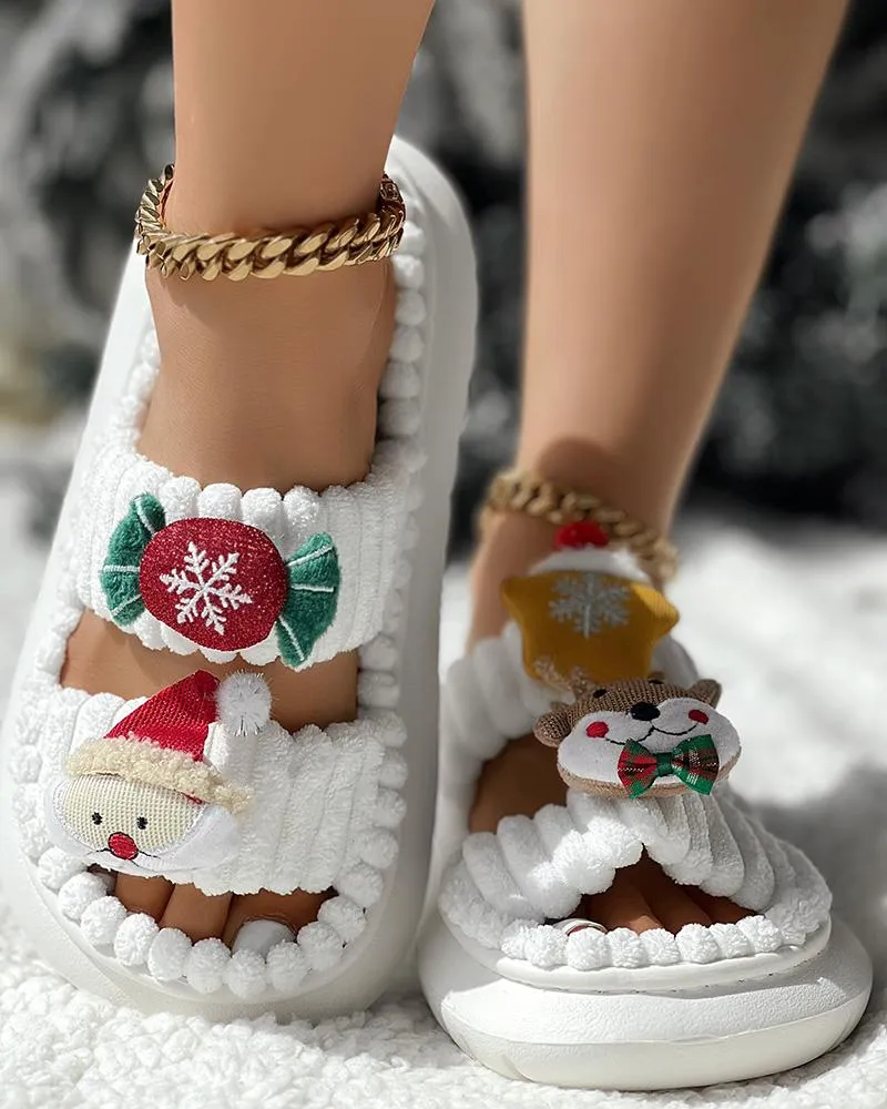 Christmas Cartoon Elk Santa Claus Pattern Fuzzy Winter Slippers