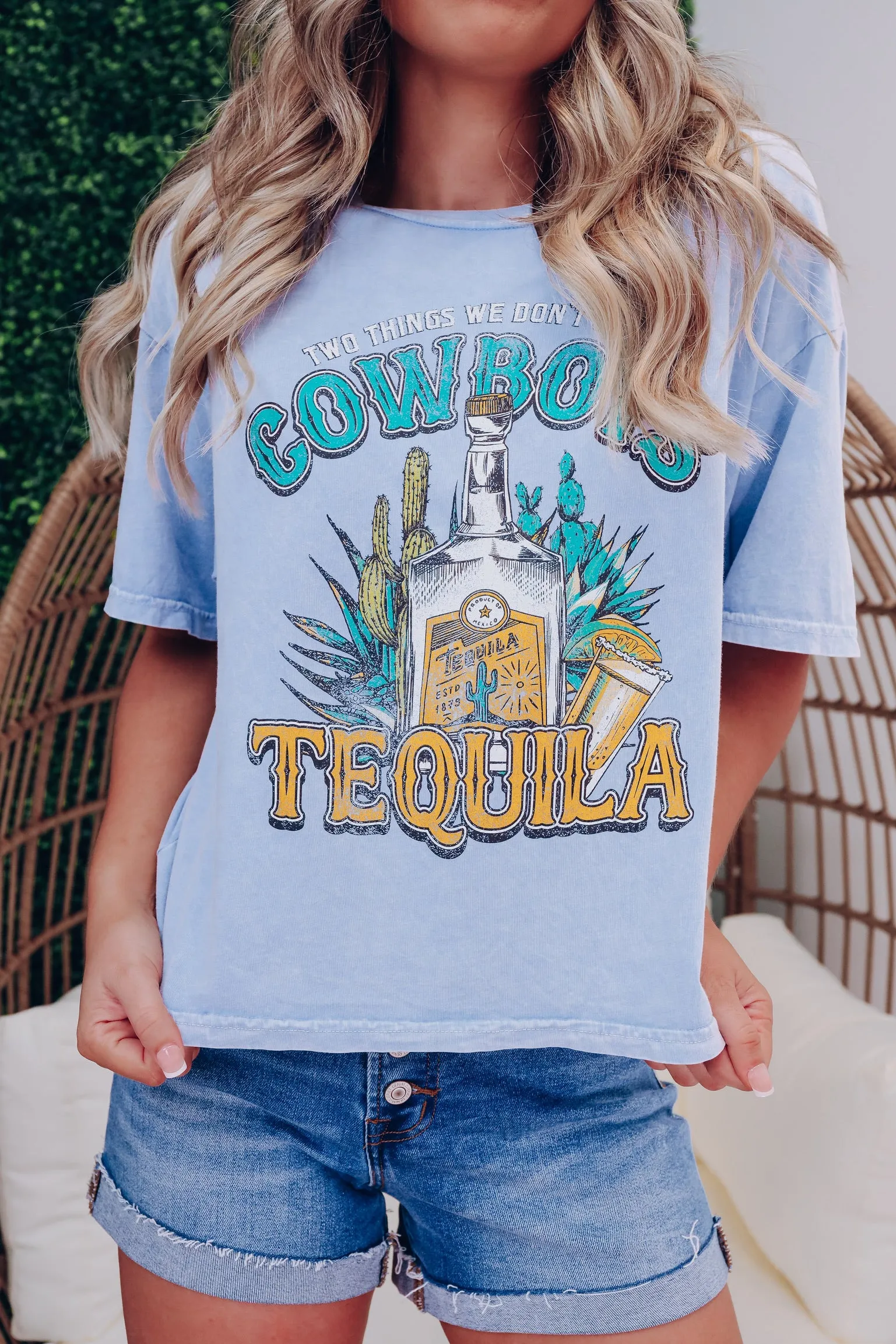 Cowboy Tequila Cropped Graphic Tee - Blue