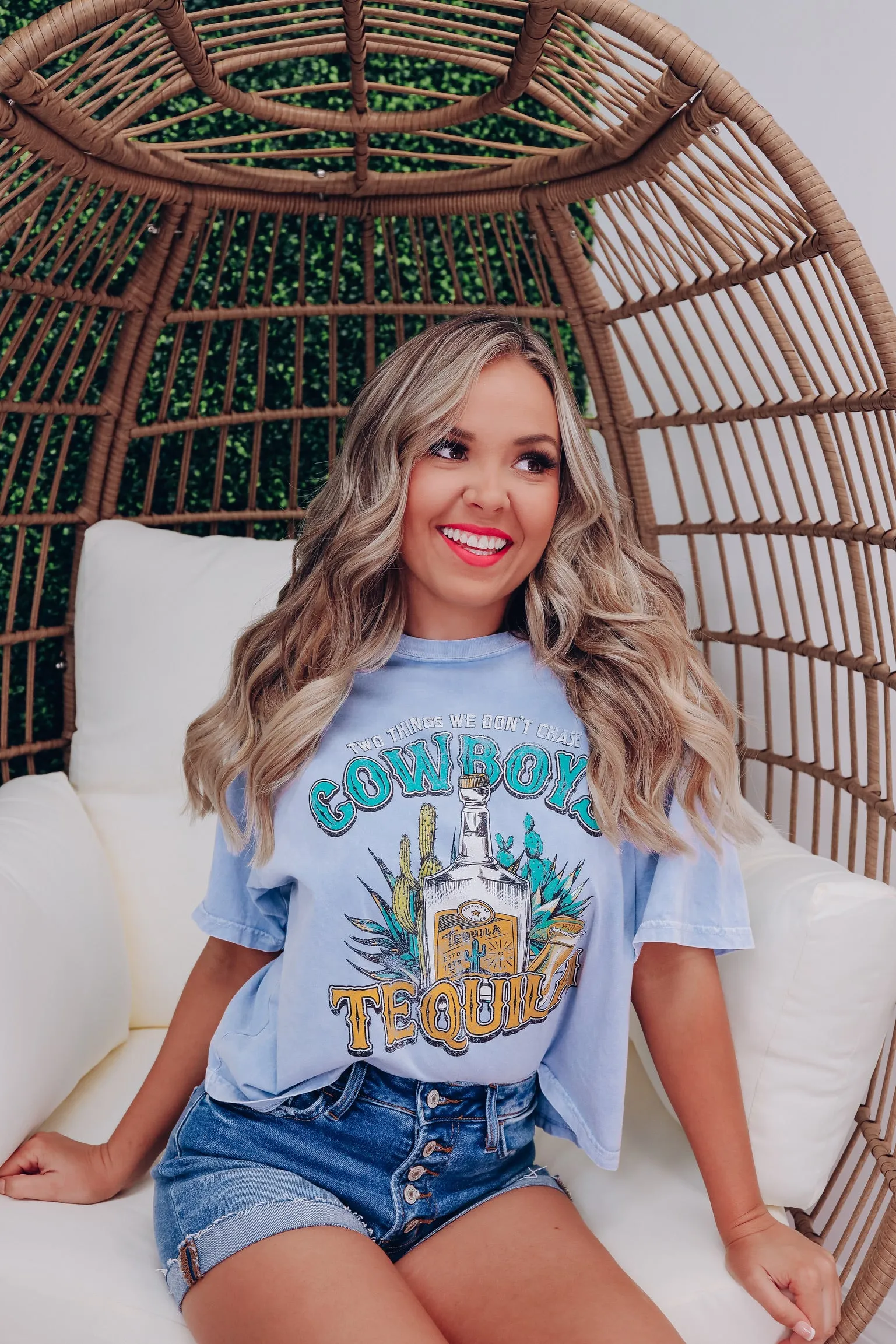 Cowboy Tequila Cropped Graphic Tee - Blue