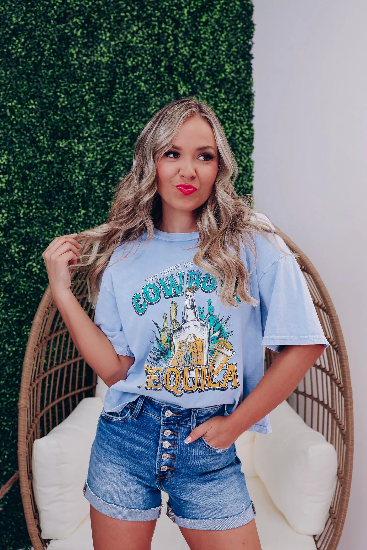 Cowboy Tequila Cropped Graphic Tee - Blue