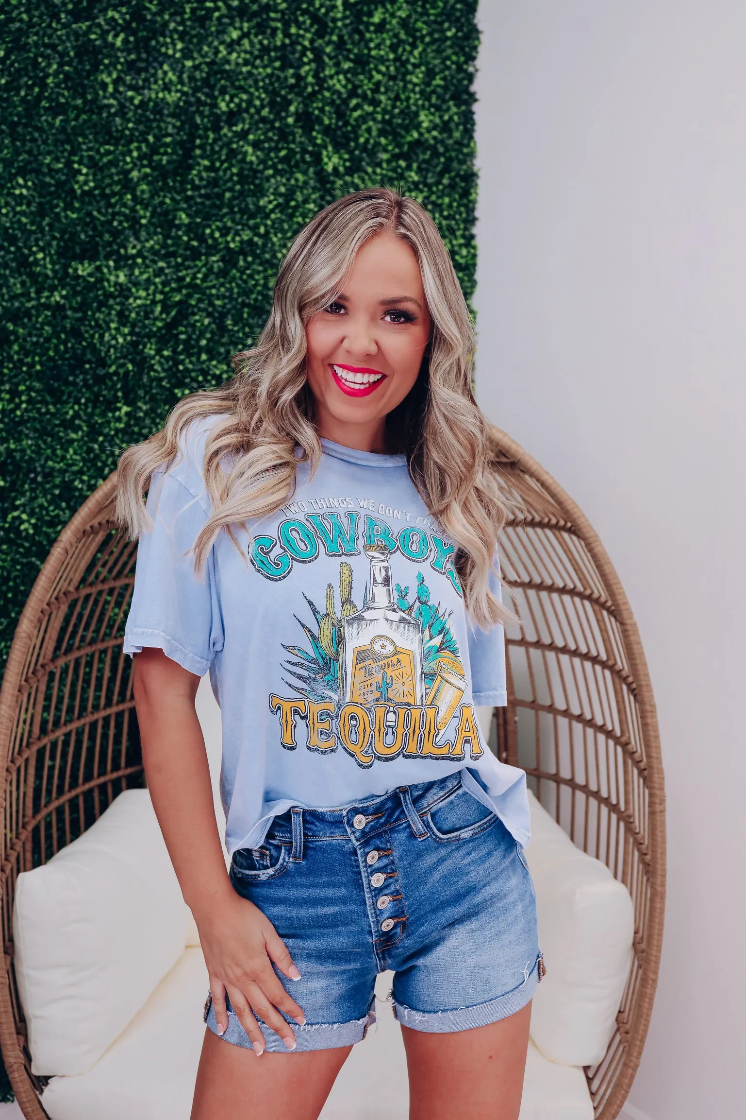 Cowboy Tequila Cropped Graphic Tee - Blue