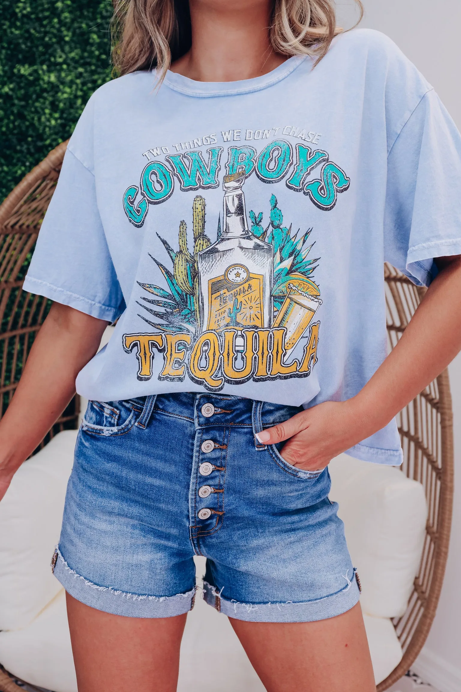 Cowboy Tequila Cropped Graphic Tee - Blue
