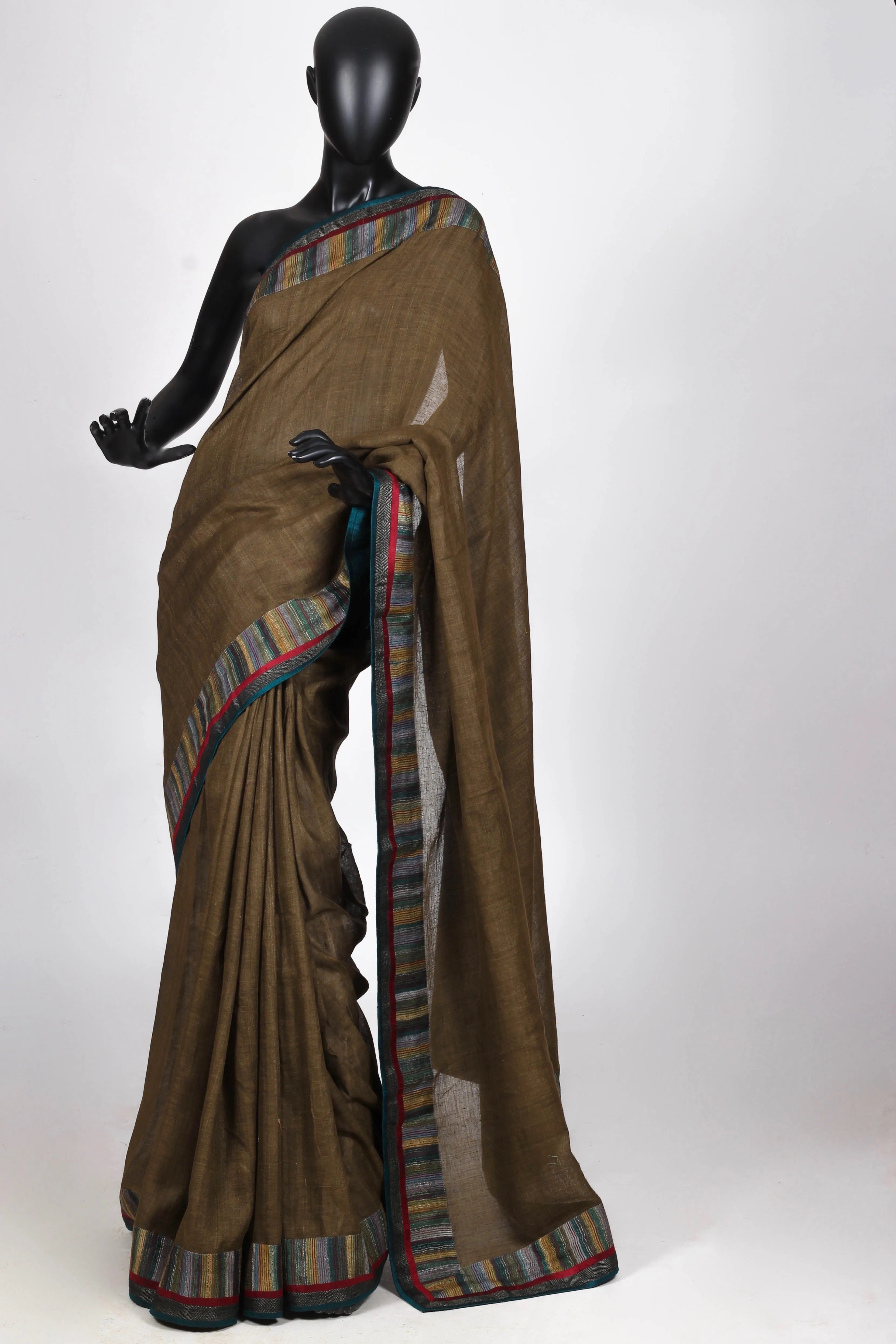 Dark olive woven saree