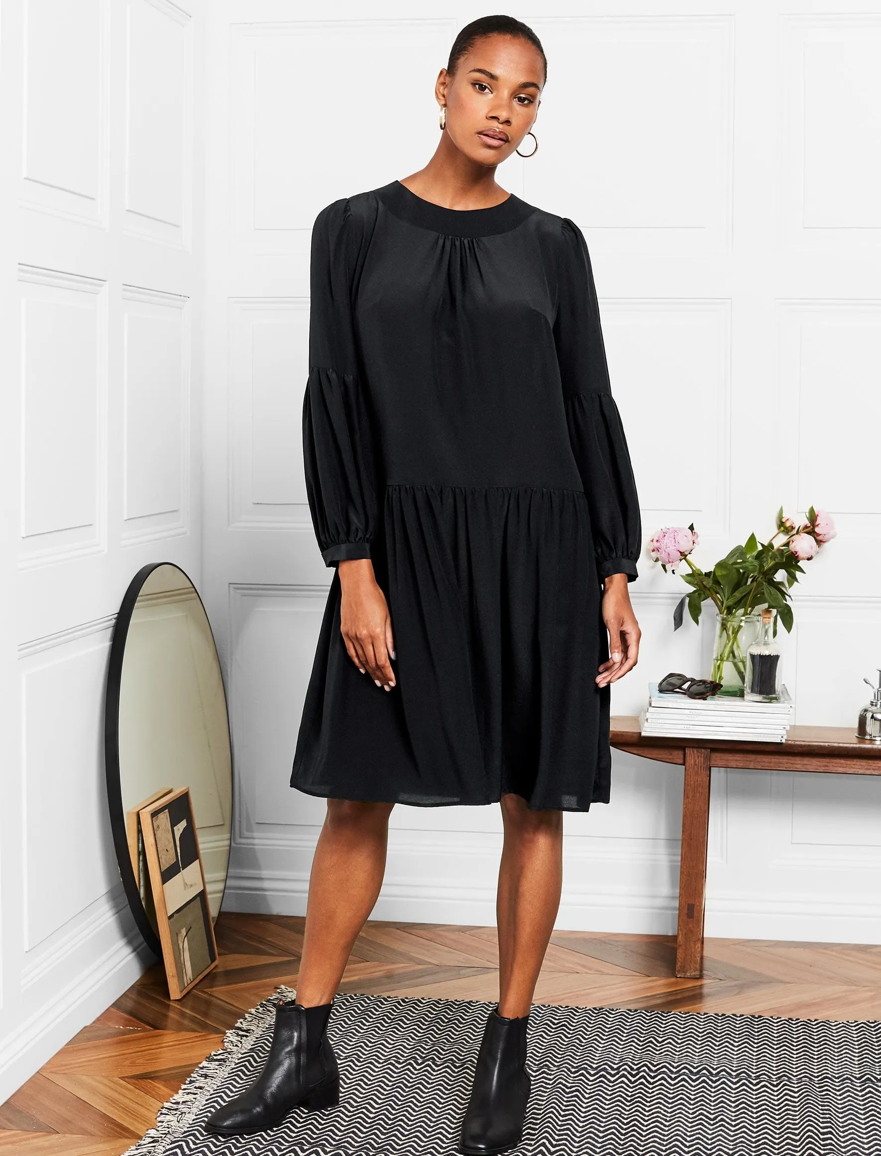 Effie Silk Drop Waist Blouson Sleeve Dress - Black