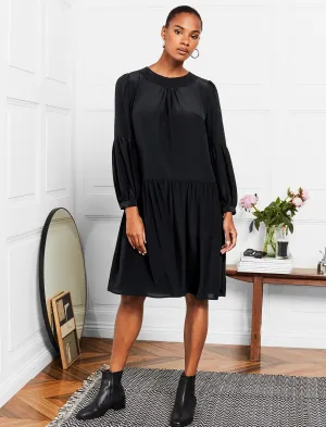 Effie Silk Drop Waist Blouson Sleeve Dress - Black