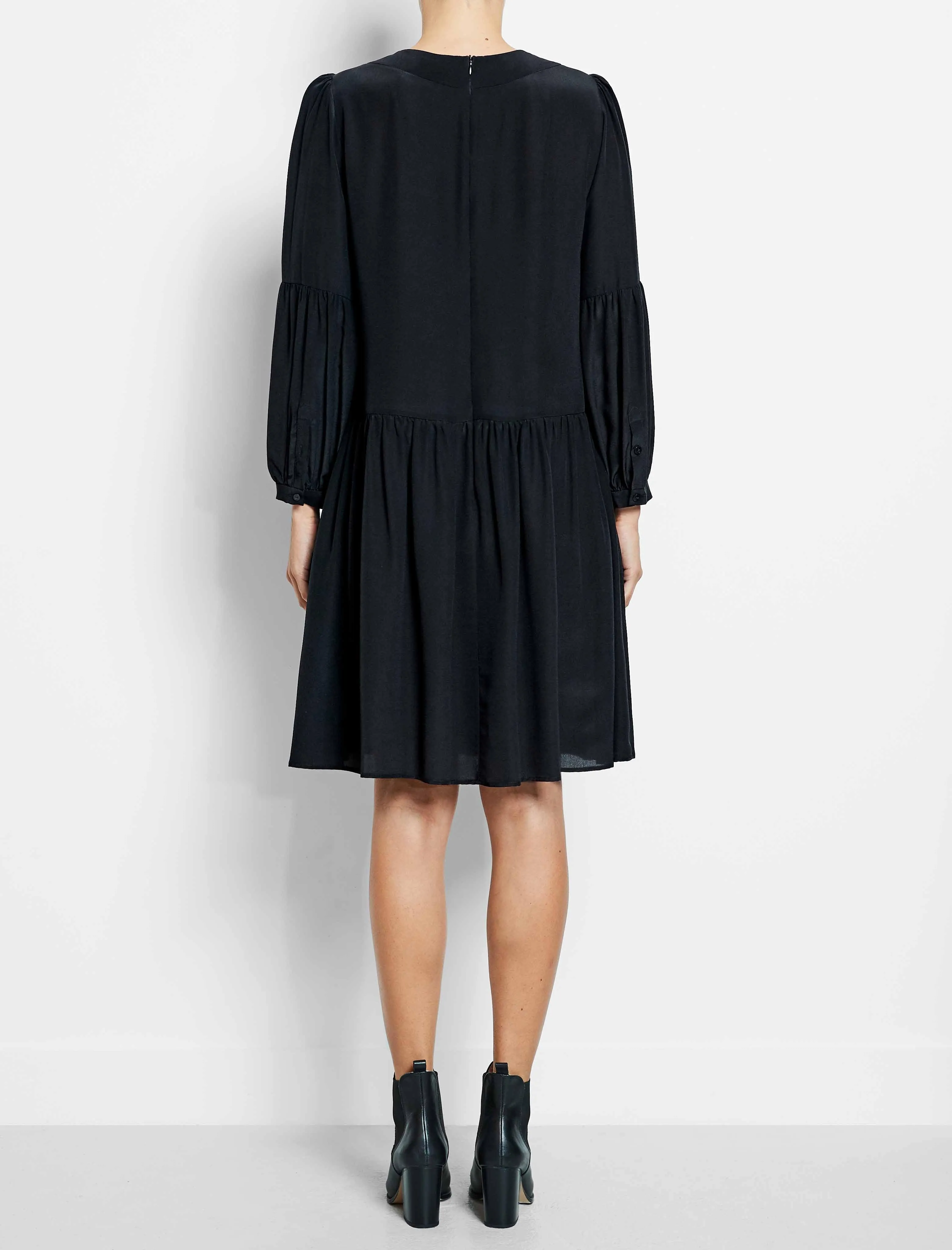 Effie Silk Drop Waist Blouson Sleeve Dress - Black