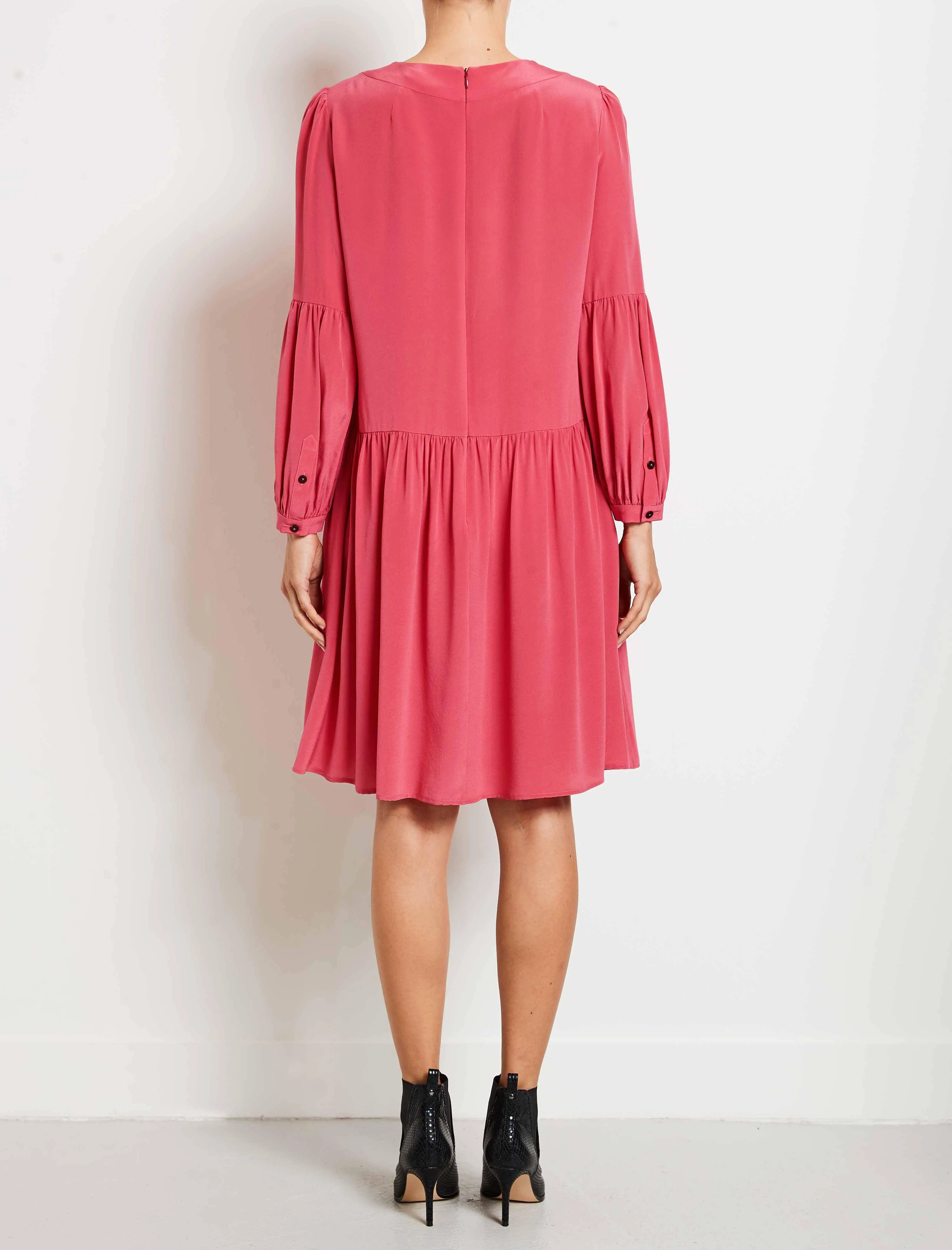 Effie Silk Drop Waist Blouson Sleeve Dress - Rose
