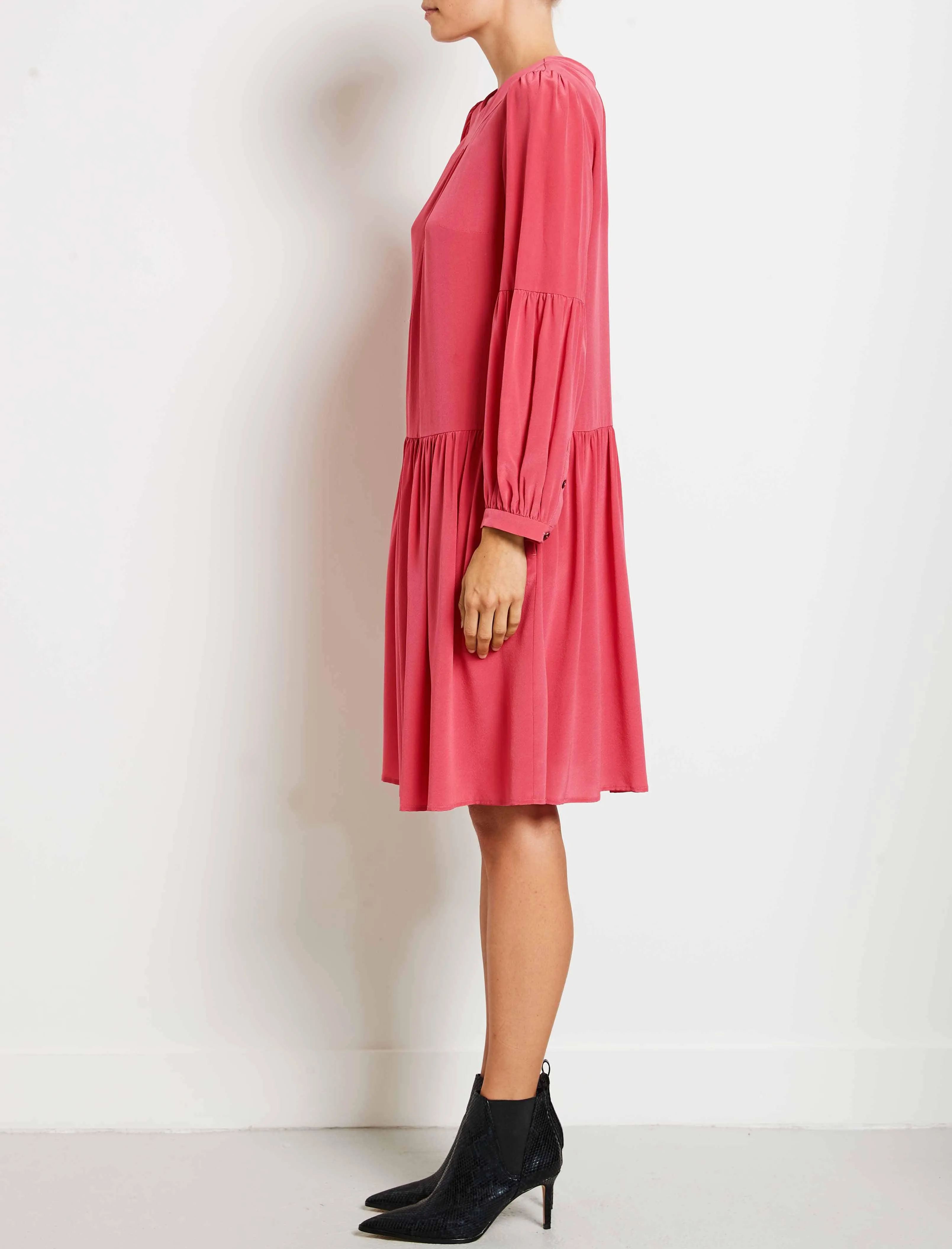 Effie Silk Drop Waist Blouson Sleeve Dress - Rose
