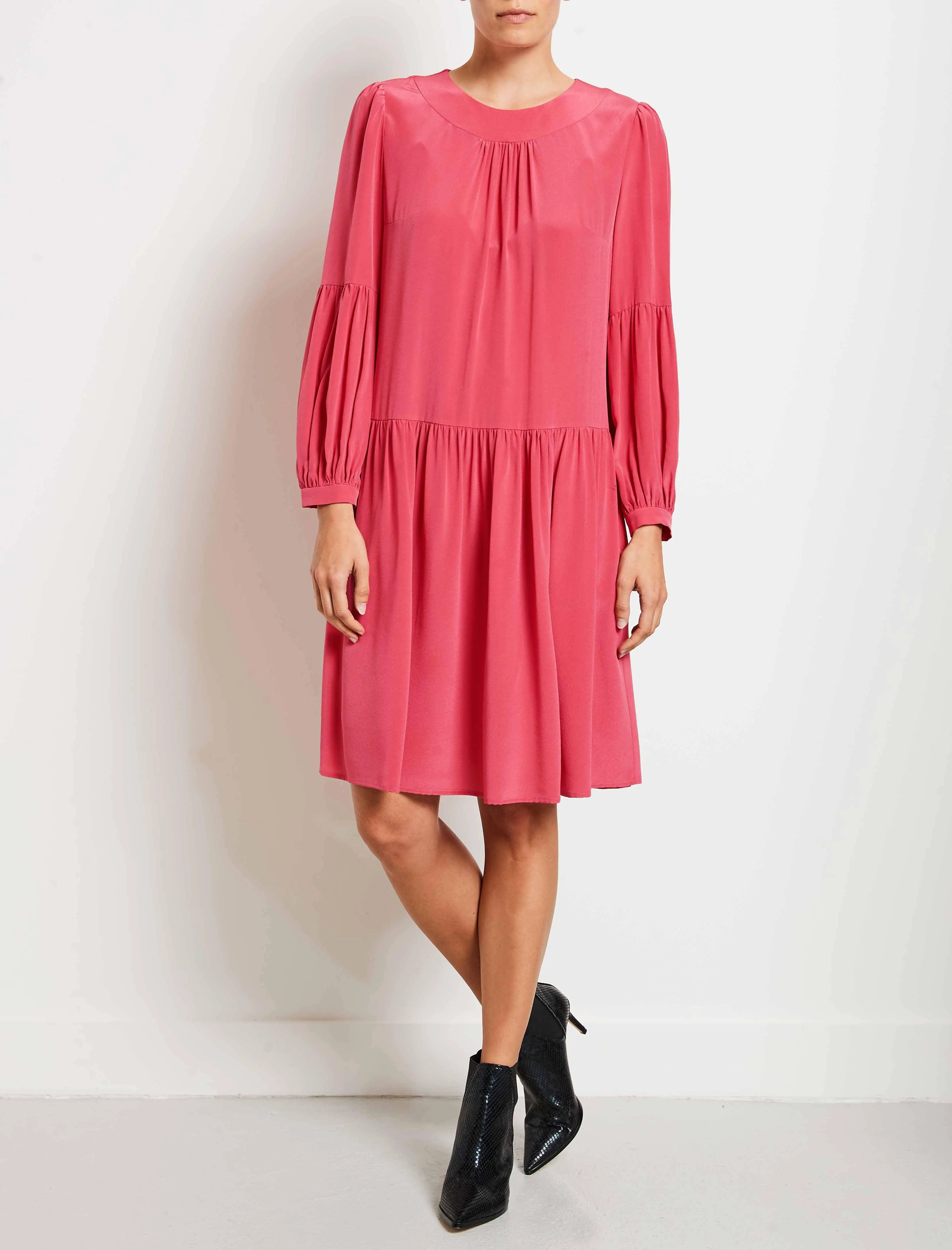 Effie Silk Drop Waist Blouson Sleeve Dress - Rose