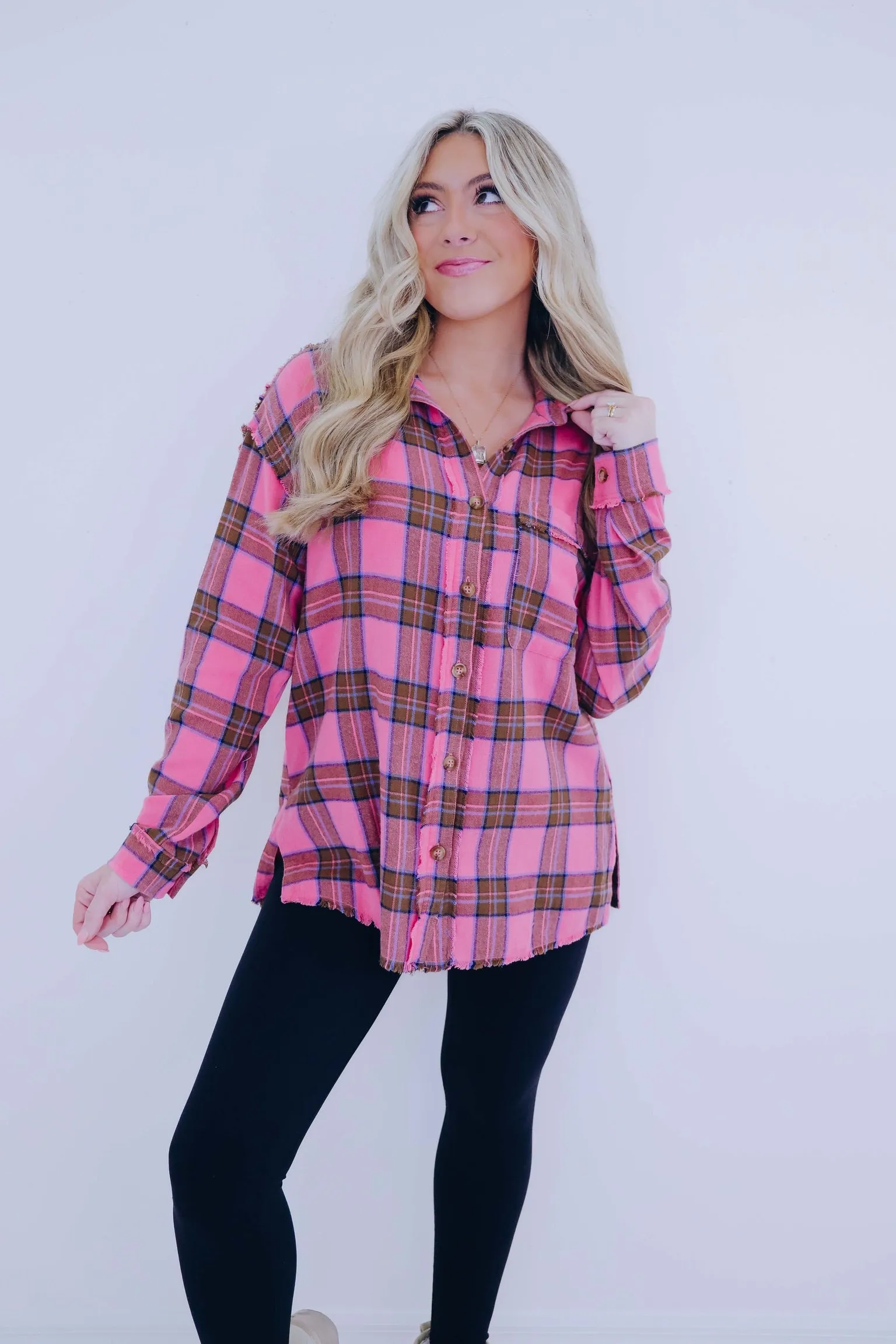 ***Falling For Pink Plaid Button Up Shirt SAMPLE