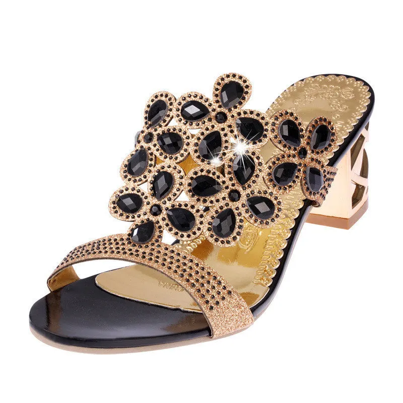 Fashion Women Big Rhinestone Cut-outs High Heel Sandals Ladies Party Shoes Woman Beach Slippers