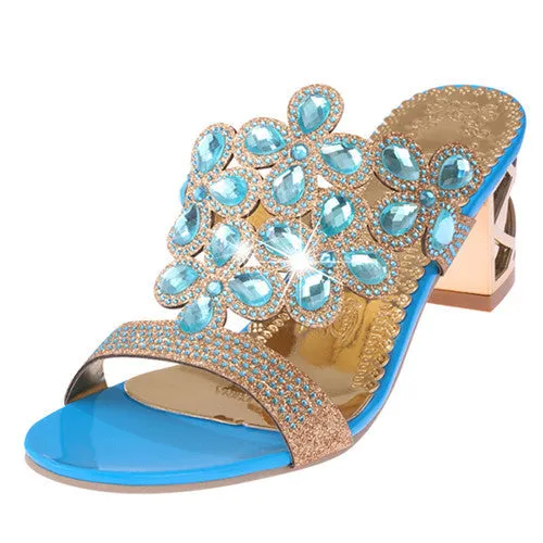 Fashion Women Big Rhinestone Cut-outs High Heel Sandals Ladies Party Shoes Woman Beach Slippers
