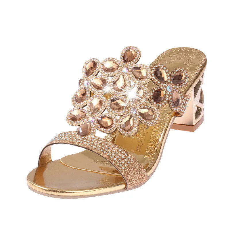 Fashion Women Big Rhinestone Cut-outs High Heel Sandals Ladies Party Shoes Woman Beach Slippers