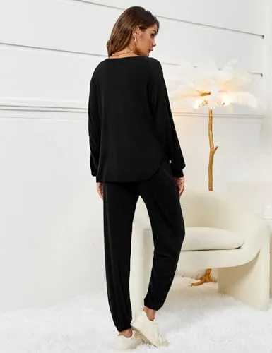 FIOPHY Women's 2 Piece Outfits Lounge Sets Long Sleeve Tops and Jogger Sweatpants Sweats Track Suits Loungewear Pajama Sets - Black L