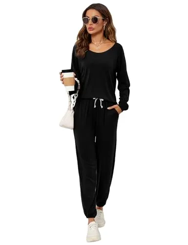 FIOPHY Women's 2 Piece Outfits Lounge Sets Long Sleeve Tops and Jogger Sweatpants Sweats Track Suits Loungewear Pajama Sets - Black L