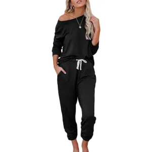 FIOPHY Women's 2 Piece Outfits Lounge Sets Long Sleeve Tops and Jogger Sweatpants Sweats Track Suits Loungewear Pajama Sets - Black L