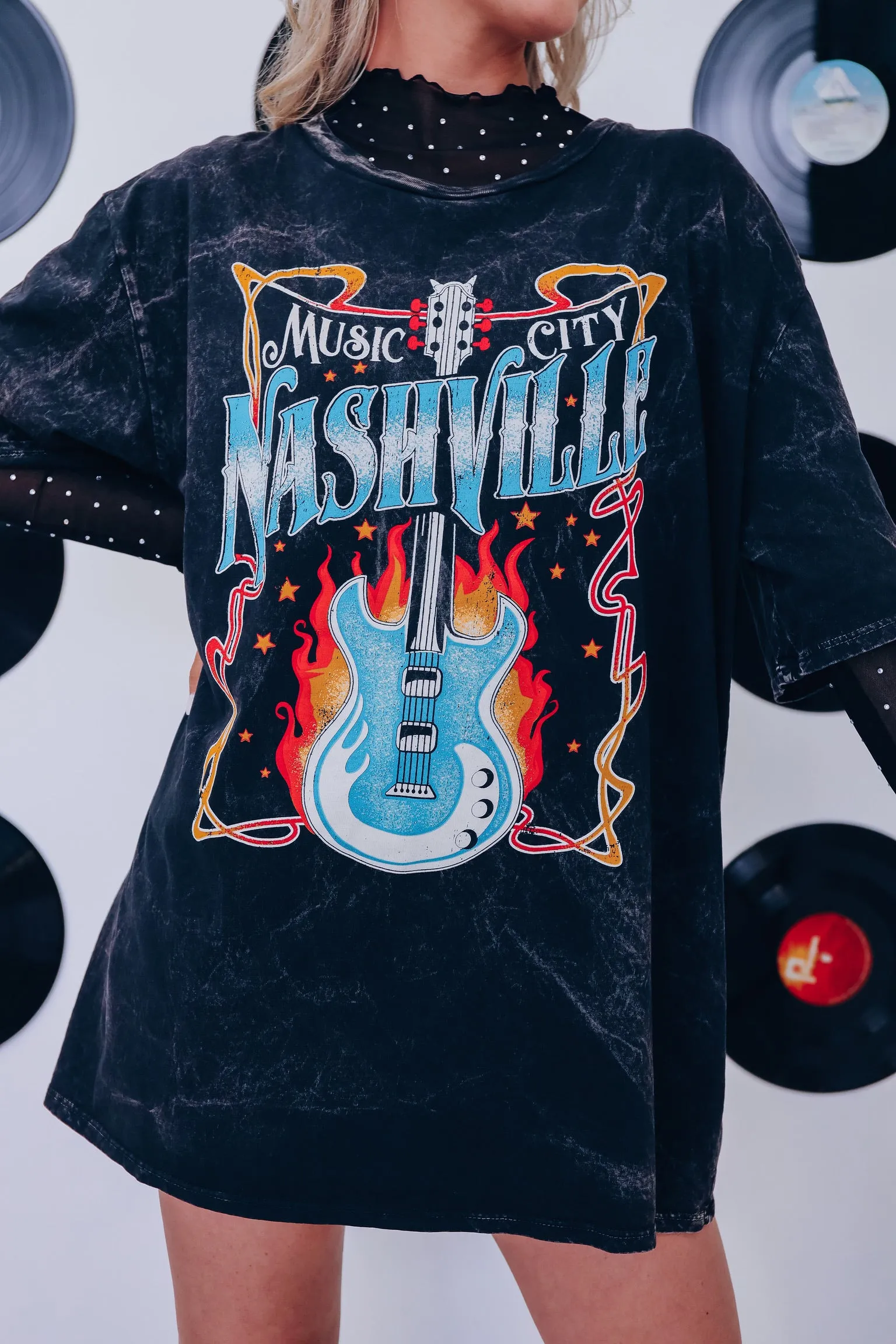 Flaming Nashville Mineral Wash Graphic Tee - Black