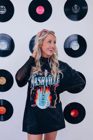 Flaming Nashville Mineral Wash Graphic Tee - Black